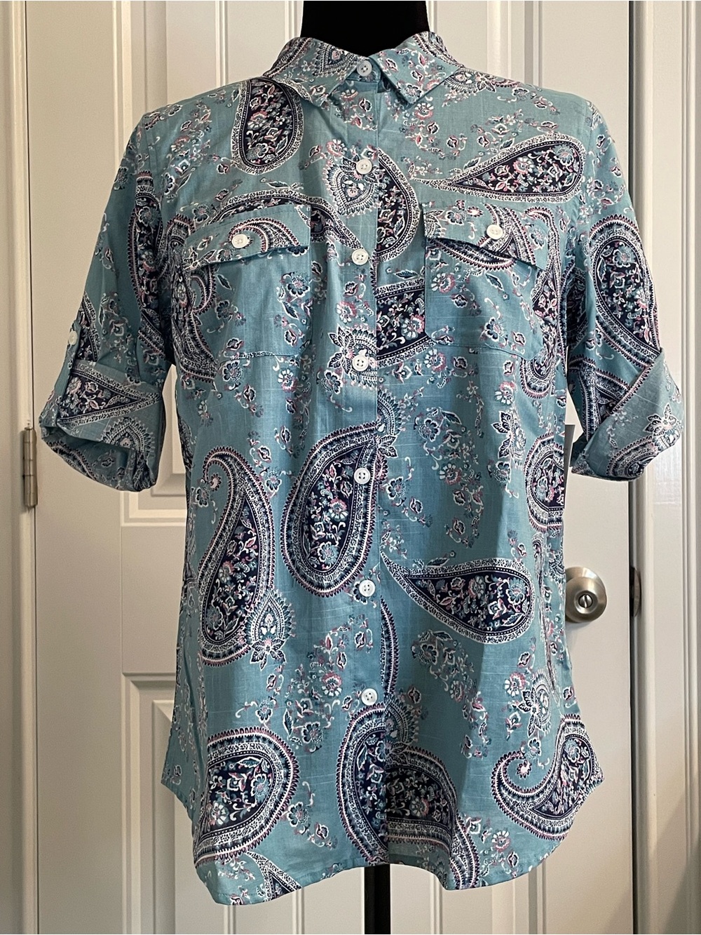 croft & barrow Teal Paisley 3/4th Sleeve Shirt